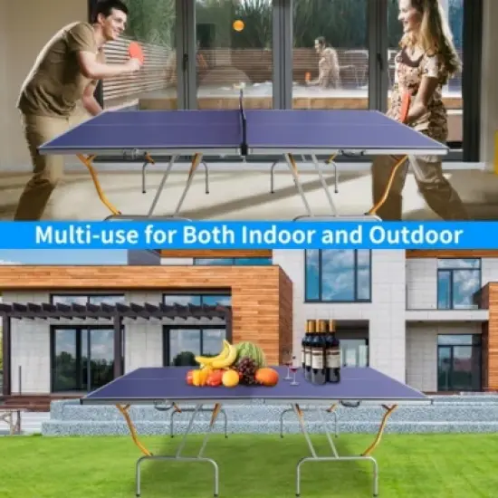 8FT Mid-Size Table Tennis Table, Foldable & Portable Ping Pong Table Set with Net, 2 Table Tennis Paddles and 3 Balls, Easy Assembly with Side Handles image {1}