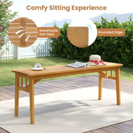 Tangkula Acacia Wood Outdoor Bench 48" Long Backless Wooden Picnic Bench w/ Slatted Seat image {3}
