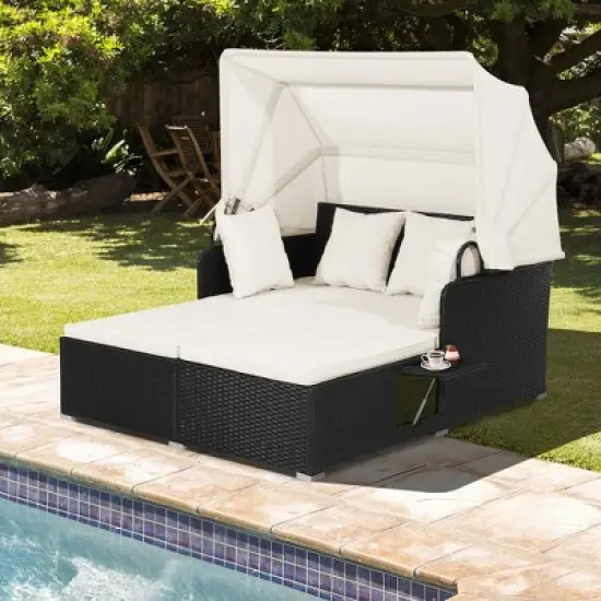 Tangkula Patio Hand-Woven PE Wicker Daybed Outdoor Loveseat Sofa Set w/ Off White Cushions image {10}