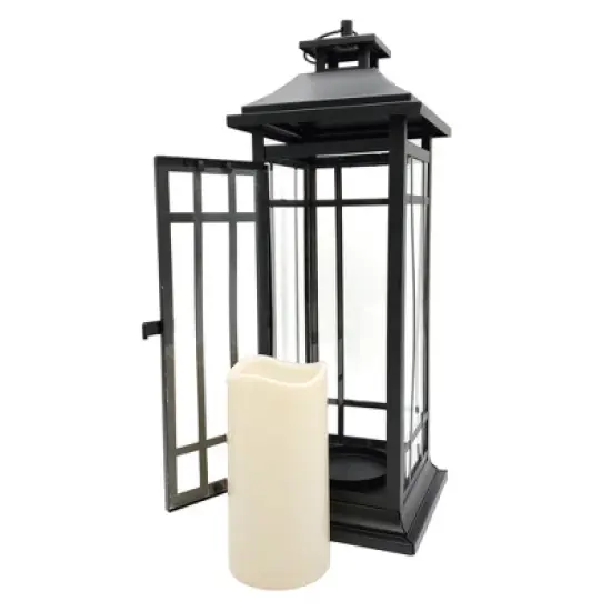 LumaBase Battery-Operated Metal Lantern with LED Candle - Black Window image {7}