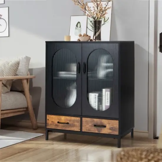 Costway Kitchen Storage Cabinet Freestanding Buffet Sideboard w/ 2 Glass Doors & Drawers image {1}