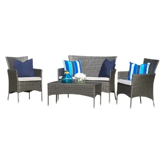 Malta Outdoor 4pc Wicker Chat Set with Cushions - Christopher Knight Home image {1}
