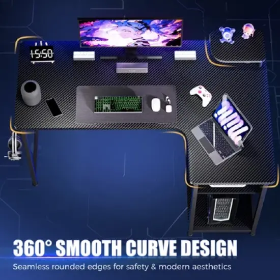 GTRACING 47" L Shaped Gaming Desk with a Mini-Table, Carbon Fiber Style Computer Desk image {5}