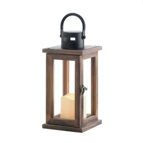 7.1" Wood Lodge Outdoor Lantern with LED Candle Brown - Zingz & Thingz: Indoor/Outdoor Votive Holder, Tabletop Display image {5}