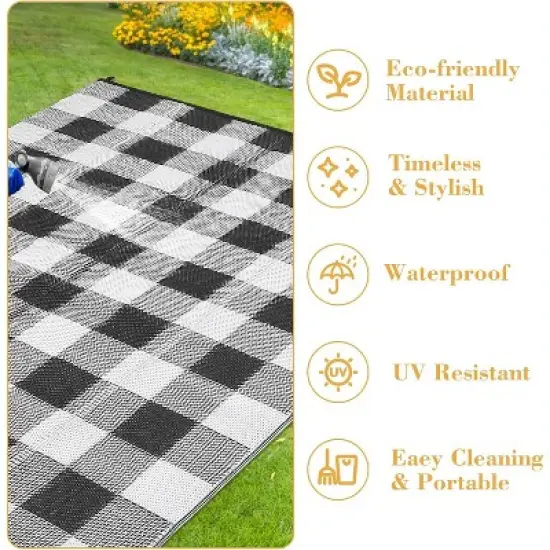 Waterproof Outdoor Rug Uv Resistant Plastic Straw Rug Modern Checkerboard Reversible Plaid Camping Carpet Picnic Mat for Beach, Backyard image {6}
