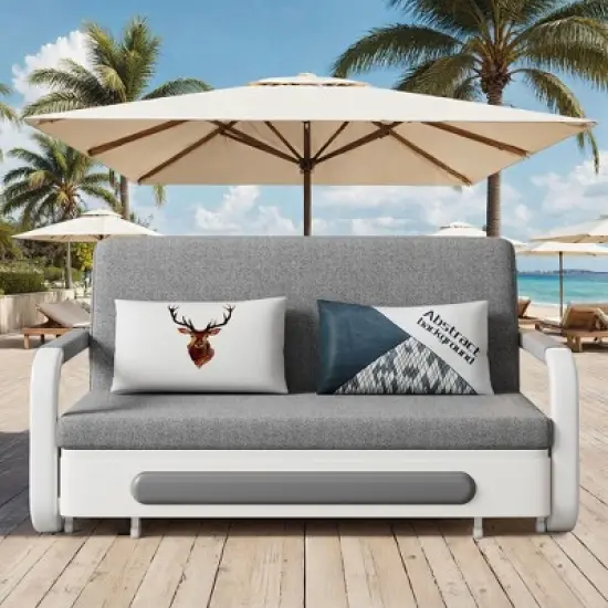 Luck Live Modern Patio Sofas 50.3in extendable pull Outdoor Sofa bed,Solid wood & White metal frame/Gray cushion with storage function image {2}