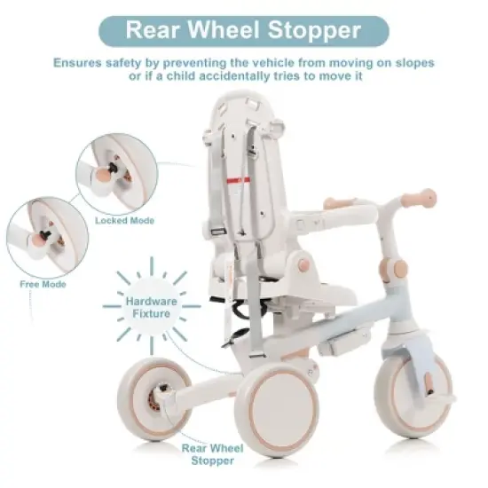 LOVSON 7-in-1 baby tricycle, equipped with removable push bar and footrest, sun canopy, safety guardrail, blue, (suitable for babies aged 1-6 months) image {6}