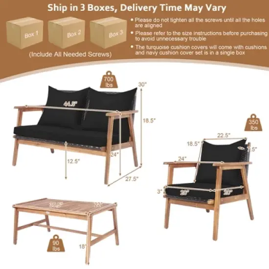 Costway 4PCS Patio Rattan Furniture Set Wooden Cushioned Sofa with Black & Turquoise Cover image {2}