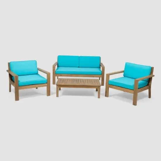 Santa Ana 4pc Acacia Wood Chat Set - Brushed Light Brown/Teal - Christopher Knight Home image {1}