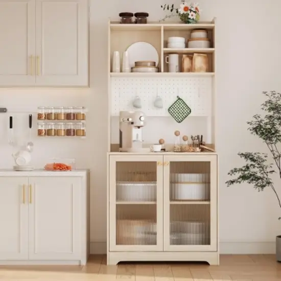 71" Kitchen Pantry Cabinet, Tall Sideboard Buffet Cabinet with Microwave Stand, Pegboard and Hutch, Pantry Storage Organizers Coffee Bar image {8}
