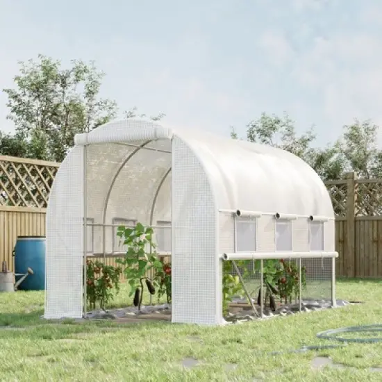 Outsunny 10' x 7' x 7' Walk-in Tunnel Greenhouse, Outdoor Plant Nursery with Quality PE Cover, Zipper Doors and Mesh Windows, White image {2}