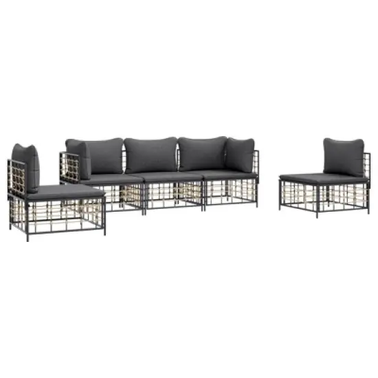 vidaXL - Patio Furniture Set 5 Piece - Poly Rattan Modular Garden Lounge with Cushions - Anthracite/Dark Gray image {2}