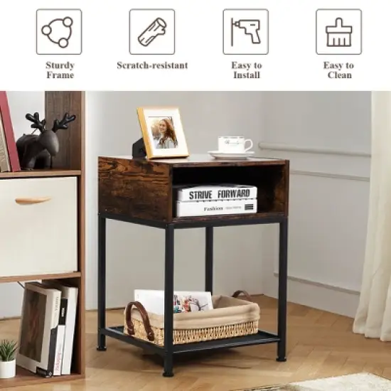 Costway Industrial Nightstand End Side Table W/ Compartment & Mesh Shelf Rustic Brown image {5}