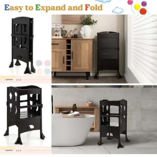 Costway Folding Kitchen Kids Step Ladder Stool Wooden Toddler Safety Tower Helper Coffee/White image {6}