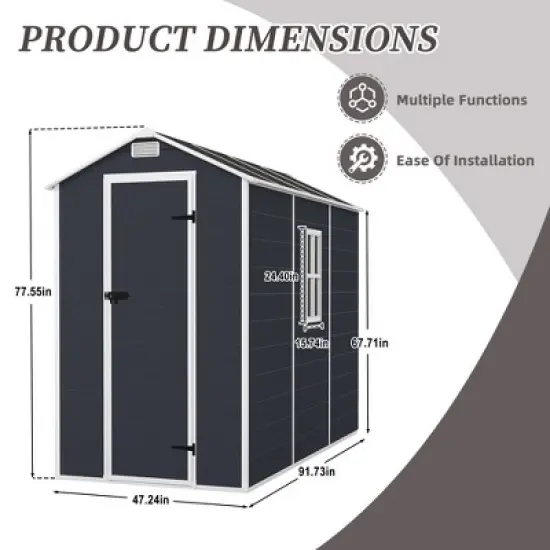 4*8ft resin storage shed, high quality pp material, strong structure, waterproof, rust and UV proof, large storage space,HD window lighting Dark gray image {5}