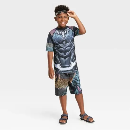Boys' Marvel Short Sleeve Rash Guard Swimsuit Top - Black image {2}