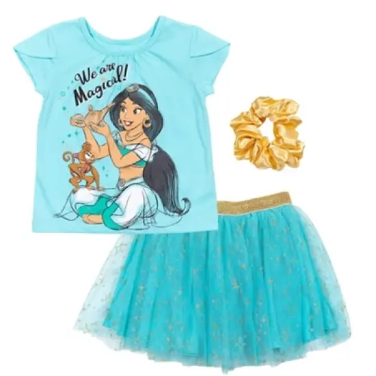 Disney Moana Princess Frozen Rapunzel Jasmine Belle Girls T-Shirt Tulle Skirt and Scrunchie 3 Piece Outfit Set Little Kid to Big Kid image {8}