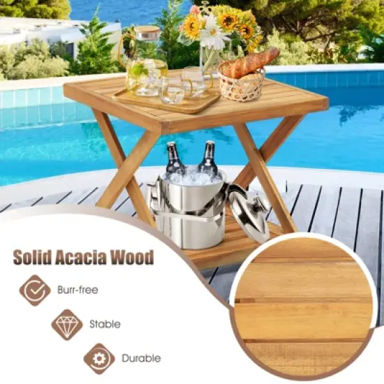 Tangkula 3 Pieces PE Wicker Patio Bistro Set Outdoor Acacia Wood Conversation Set with Cushions and 2-Tier Coffee Table image {4}