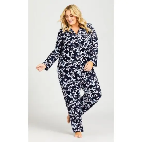 Women's Plus Size Butterfly Button Fleece Sleep Top - Navy | AVENUE image {3}