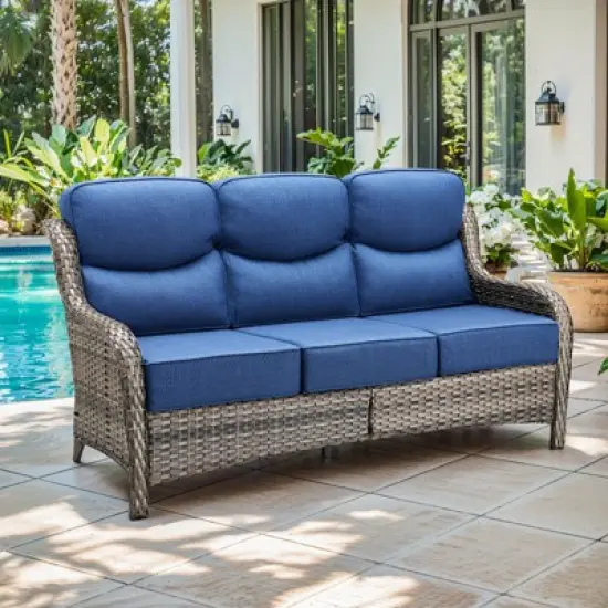 6" Thick Cushion Outdoor Wicker Patio Sofa, All Weather Wicker Outdoor Furniture 3-Seater Sofa High Back Patio Couch for Porch Balcony image {11}