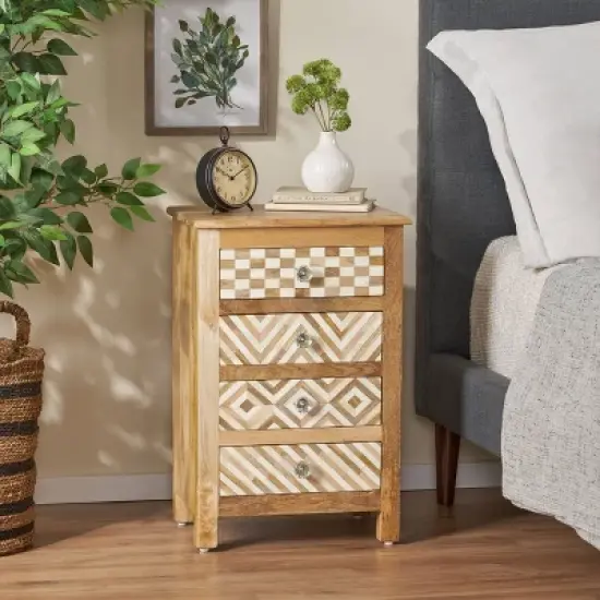 Sandia Handcrafted Boho 4 Drawer Mango Wood Nightstand Natural/White - Christopher Knight Home image {1}