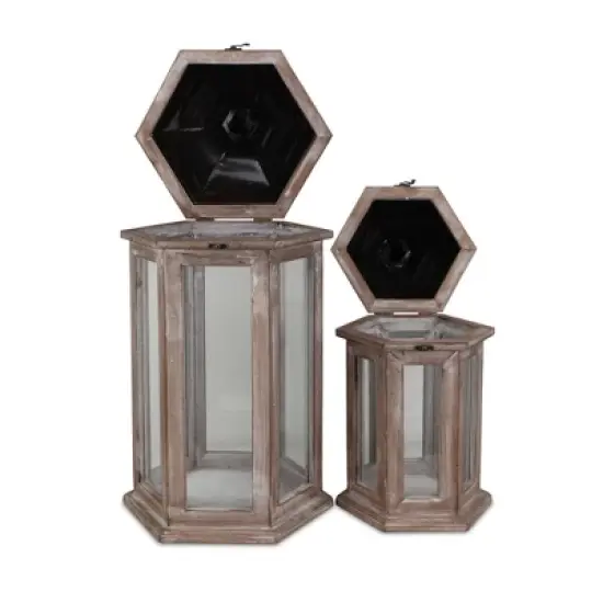 HomeRoots Set of Two Brown Geometric Metal And Solid Wood Floor Lantern Candle Holders image {3}