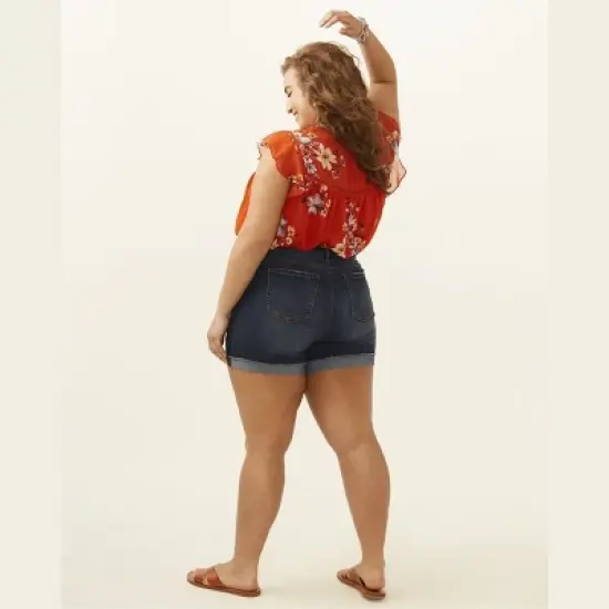 Molly & Isadora Women's Destructed Dark Wash Rolled Hem Short image {2}