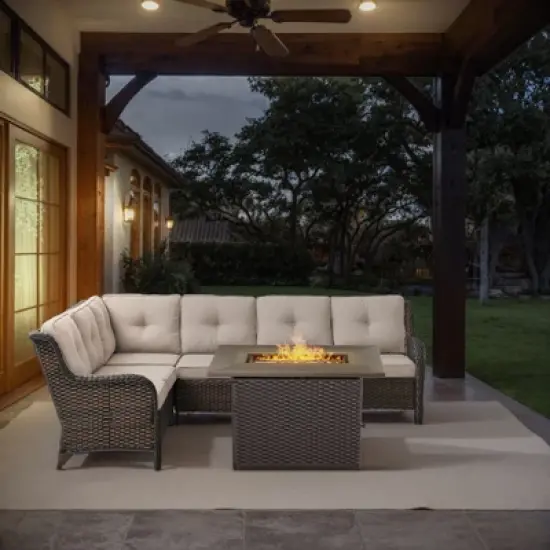 POCASSY Outdoor Sectional Sofa with Fire Pit Table - All Weather Brown Wicker Patio Furniture Set L Shaped Sectional Sofa with Fire Pit Table image {13}