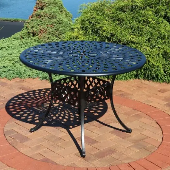 Sunnydaze Outdoor Crossweave Design Black Cast Aluminum Round Patio Dining Table with Umbrella Hole image {1}