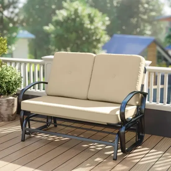 Outsunny Patio Glider Bench with Padded Cushions and Armrests, Outdoor 2-Person Swing Rocking Chair Loveseat with Sturdy Frame image {1}
