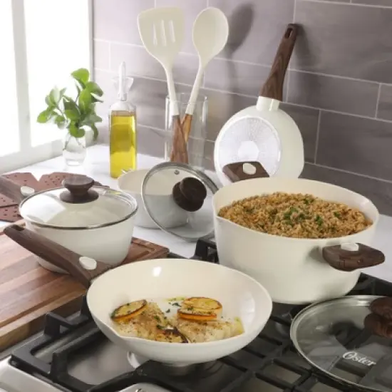 Oster SmartHandle Advance 18-Piece Ceramic Nonstick Cookware Set &ndash; Detachable Handles, with Utensils & Pan Protectors - Linen image {1}