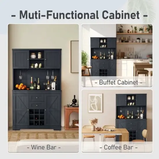 Gulches Timeless Multi Functional Coffee and Wine Bar Cabinet Open Shelves, 9 Grid Bottle Holders, 6 Hooks and Durable Build image {6}