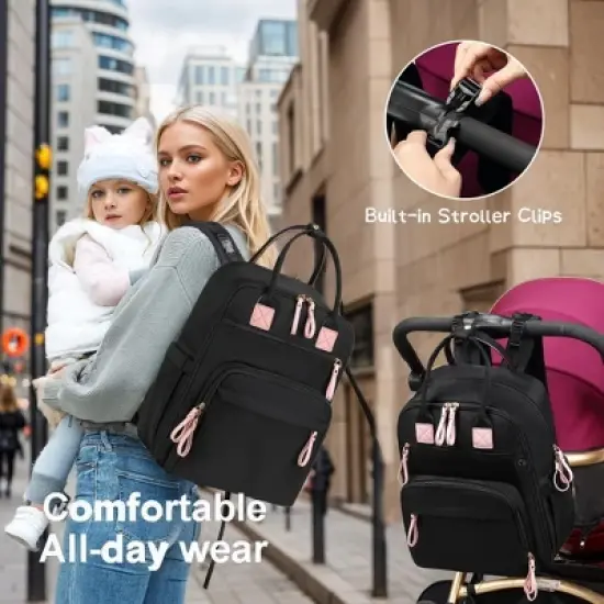 Itopfox Large Diaper Backpack with 18 Pockets, Water-Resistant Nylon, Insulated Bottle Holders, Stroller Straps (Black) image {4}