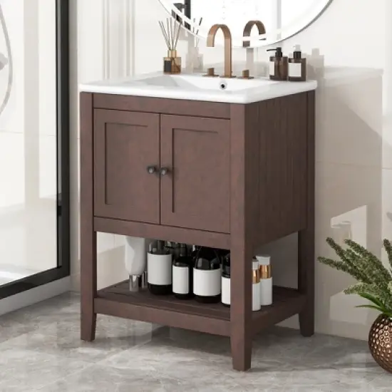 KIGFTSOD 24" White Modern Sleek Bathroom Vanity Elegant Ceramic Sink with Solid Wood Frame Open Style Shelf image {11}