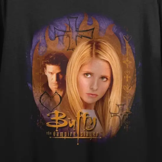 Buffy The Vampire Slayer Angel & Buffy Key Art Crew Neck Short Sleeve Women's Black Crop T-shirt image {1}