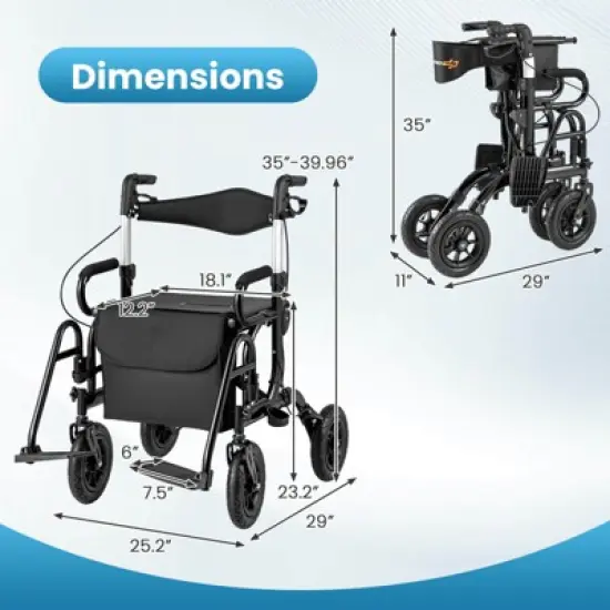 Costway 2-in-1 Rollator Walker for Seniors with Seat 9" Pneumatic Tires for All Terrain Black/Red/Navy image {2}