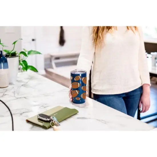 100 North 20 Ounce Stainless Steel On the Go Travel Tumbler With Push Top Lid, Football Blue image {3}