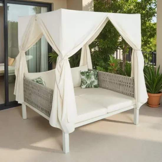 Outdoor Patio Rattan Canopy Daybed Sunbed with Curtain and Woven Rope Arm image {16}