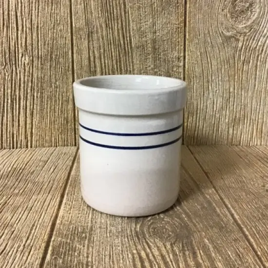 Martinez Pottery Pickling Fermenting Crock - Tan with Blue Stripe Stoneware Jar, 1/4 Gallon Capacity image {1}