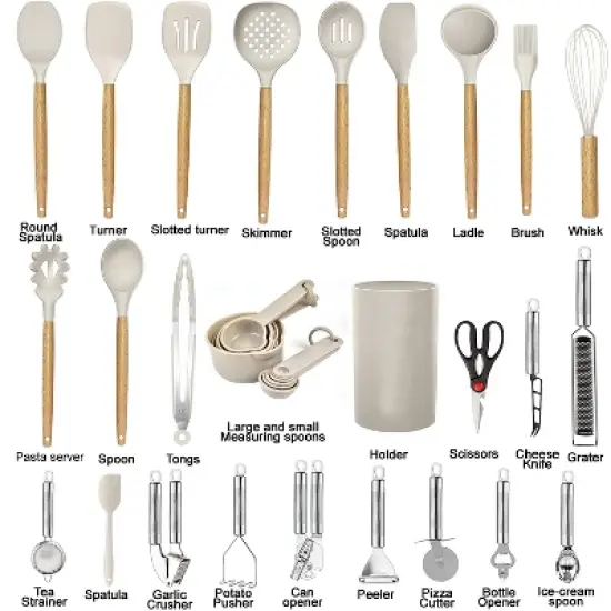 Itopfox Kitchen Utensils Set - 35-Piece Cooking Tools with Silicone Heads & Wooden Handles, Includes Spatula, Spoon, Grater for Nonstick Cookware image {1}