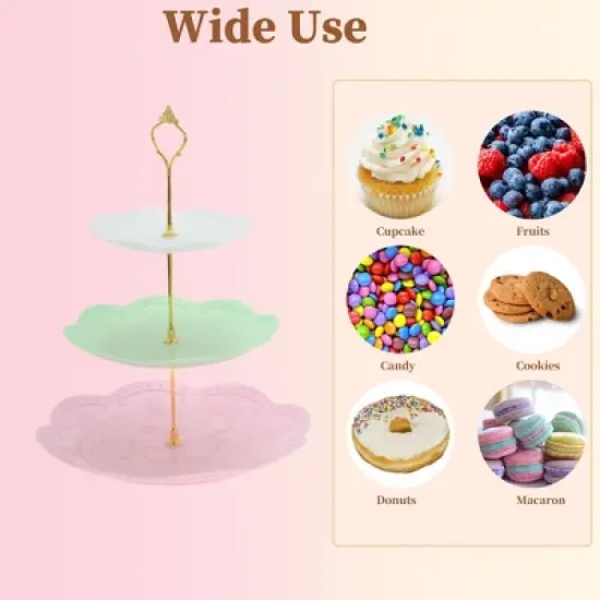 Unique Bargains 3 Tier Dessert Cupcake Stand Holder Round with Tiered Serving Tray for Donuts Fruits White Pink Green Gold Tone image {4}