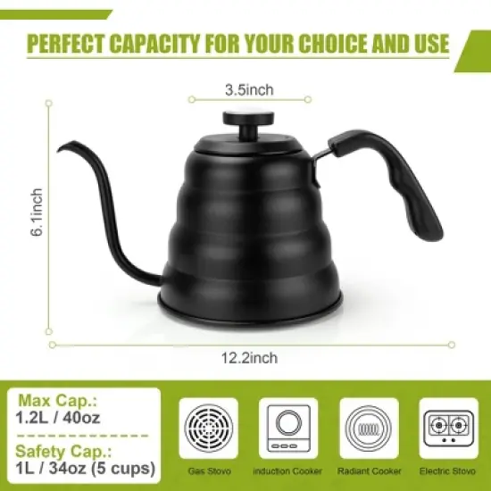 Itopfox Tea Kettle with Thermometer, Stovetop Gooseneck Kettle for Pour Over Coffee & Tea, 40oz Capacity, Black image {2}
