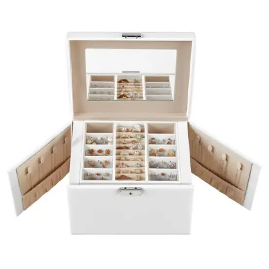 Large Accessory Organizer 4-Tier White Mirror Jewelry Box image {1}