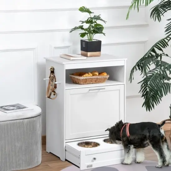 Mewoofun Pet Feeder Station Storage Cabinet, Dog Food Storage Container with Dog Raised Bowls and Hanger for Feeding image {8}