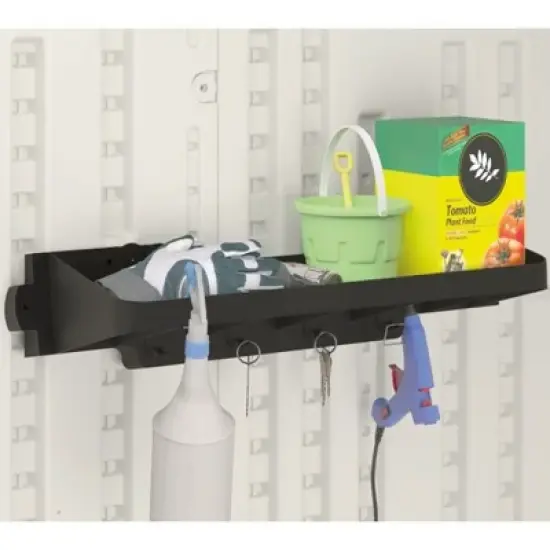 Suncast 25" x 8" x 5.5" Resin Shelf Accessory with Storage Hooks and EZ Bolt Assembly for Select Outdoor Shed Models, Black (2-Pack) image {3}