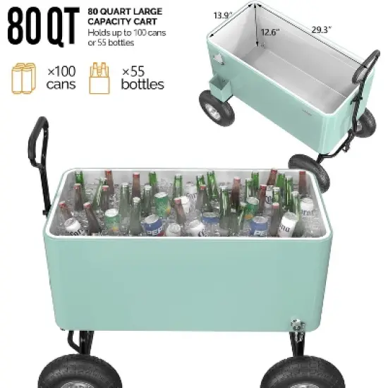 VINGLI 80 Quart Wagon Rolling Cooler Ice Chest, w/Long Handle and 10" Wheels image {3}