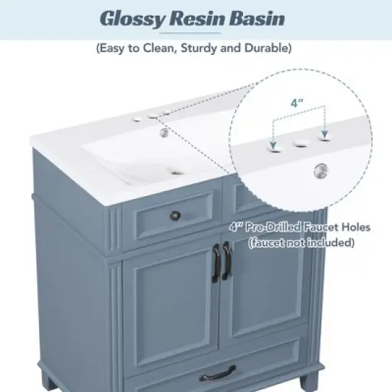 Whisen 30 in. Retro Style Bathroom Storage Cabinet Bathroom Vanity with Resin Sink and Soft Closing Doors image {11}