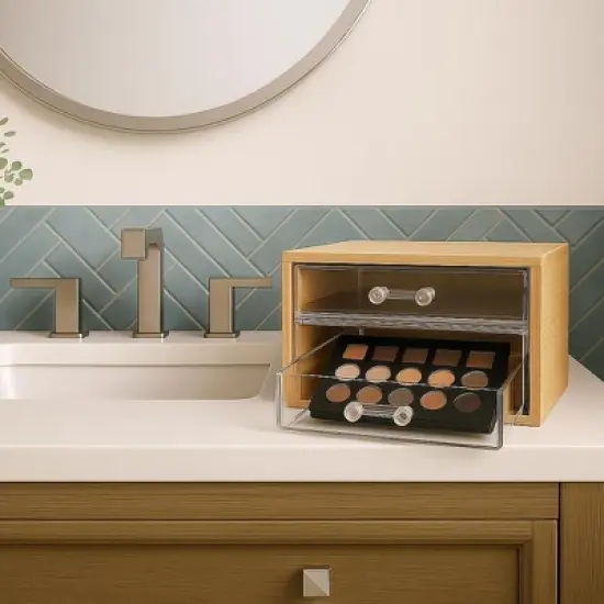 Compact Bamboo Makeup & Jewelry Organizer with 2 Tier Acrylic Drawers, Nonslip Cosmetic Storage Box for Palettes, Skincare & Beauty Accessories image {2}