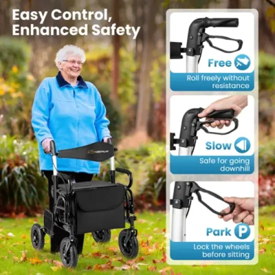 Costway 2-in-1 Rollator Walker for Seniors with Seat 9" Pneumatic Tires for All Terrain Black/Red/Navy image {5}