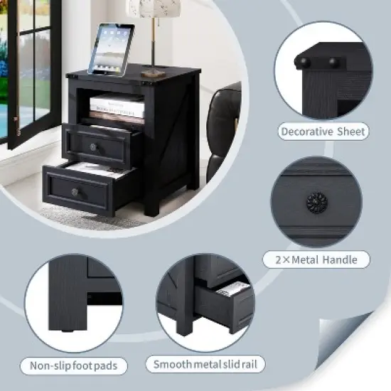 Vipbear Night Stand with Charging Station Rustic 18 Inch Bedside Table with 2 Storage Drawers and Open Shelf,Modern Wood End Table for Bedroom image {1}